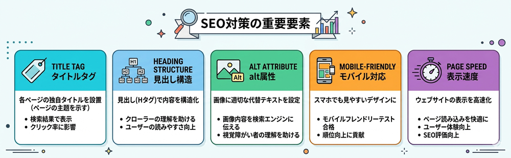SEO対策の重要要素：タイトルタグ・見出し構造・alt属性・モバイル対応・表示速度
